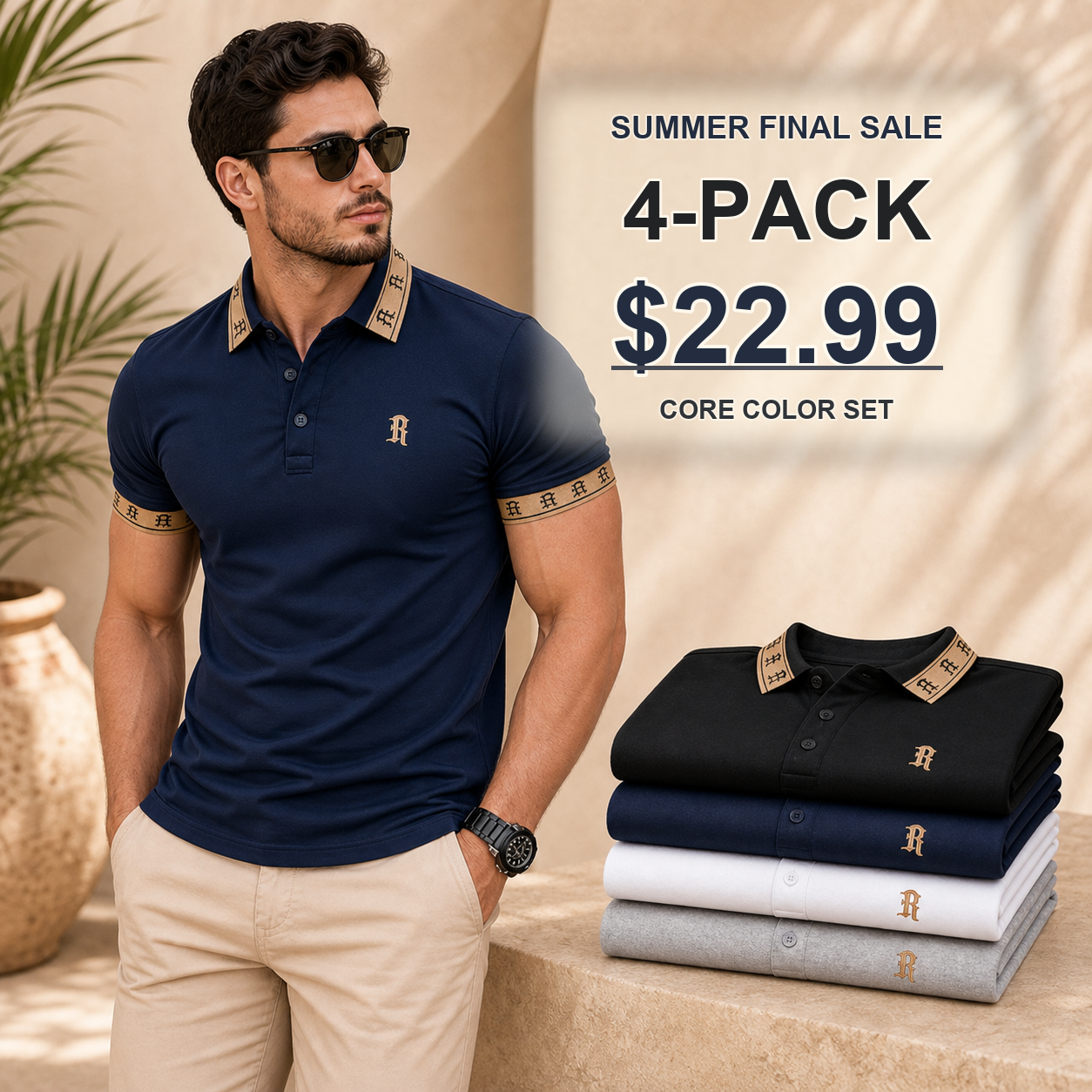 Core 4-Pack - Men's Contrast Trim Monogram Short Sleeve Polo Shirt