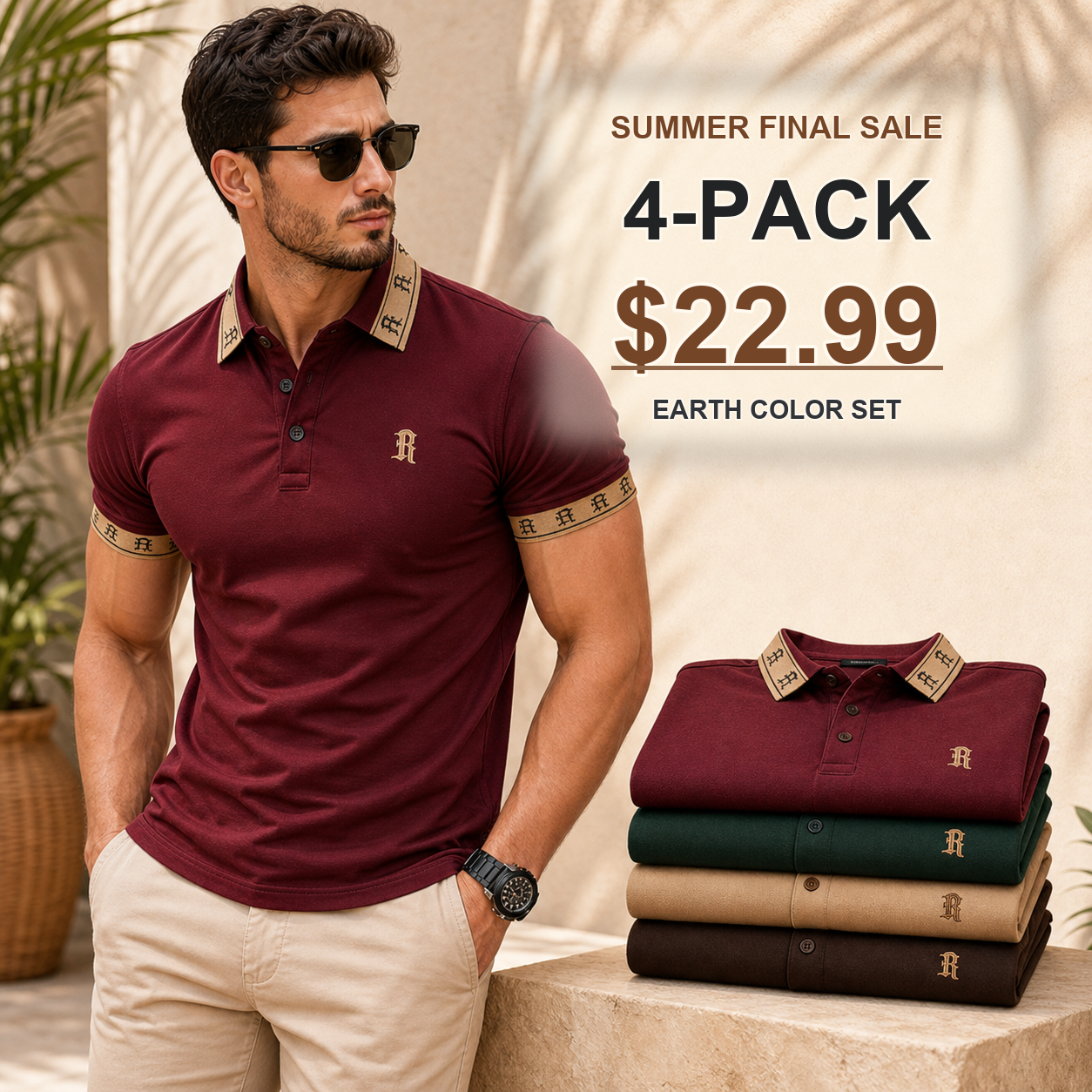 Earth 4-Pack - Men's Contrast Trim Monogram Short Sleeve Polo Shirt
