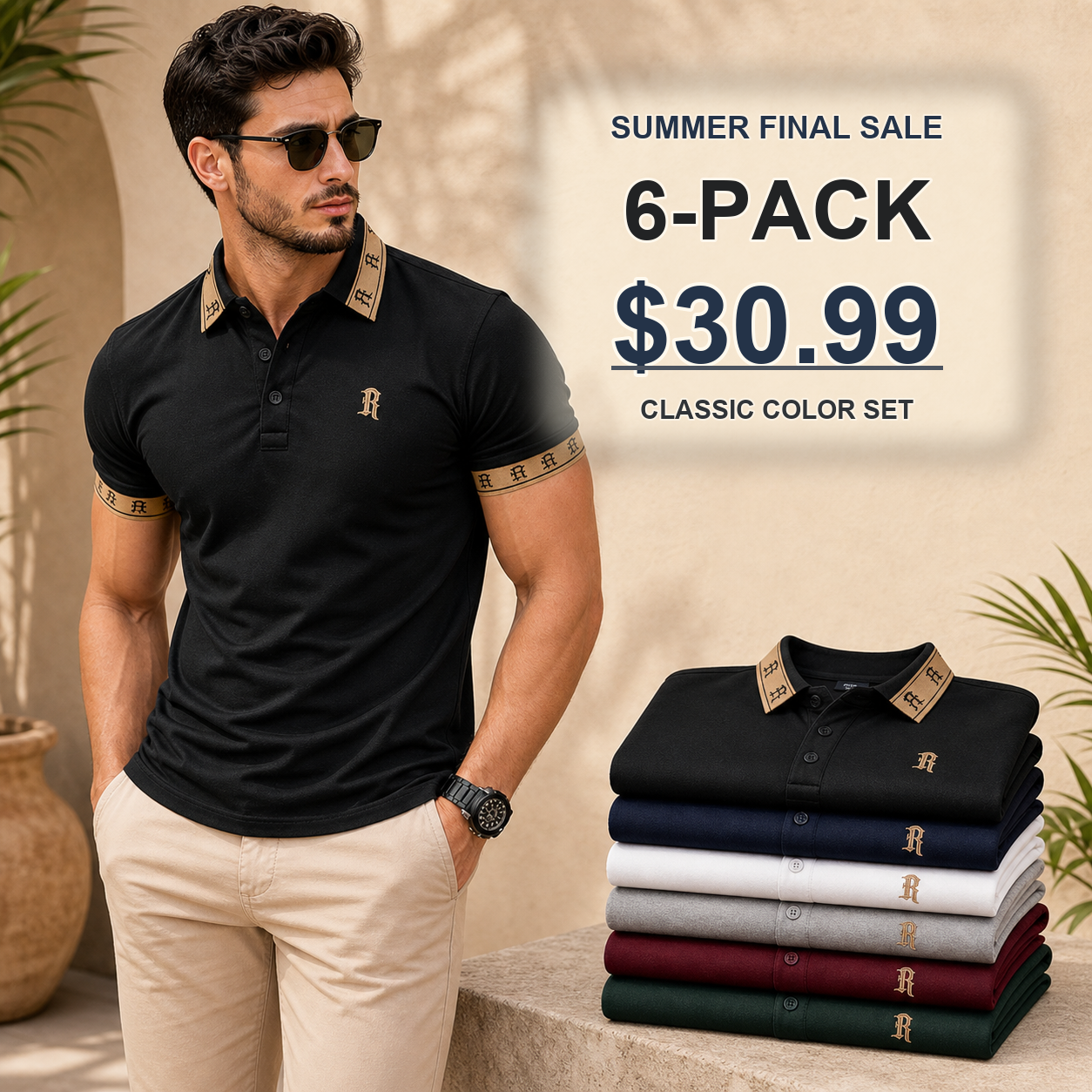Classic 6-Pack - Men's Contrast Trim Monogram Short Sleeve Polo Shirt