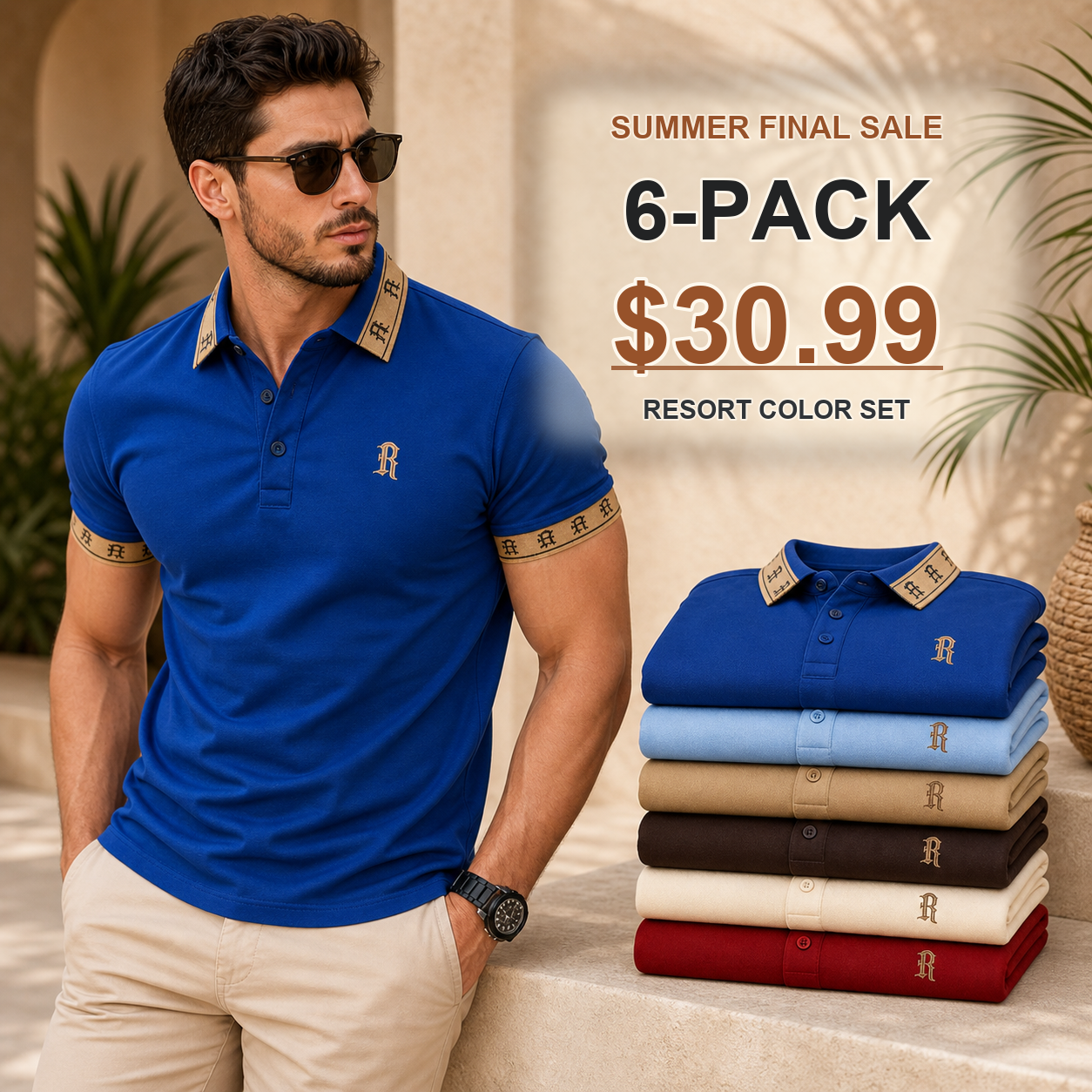 Resort 6-Pack - Men's Contrast Trim Monogram Short Sleeve Polo Shirt