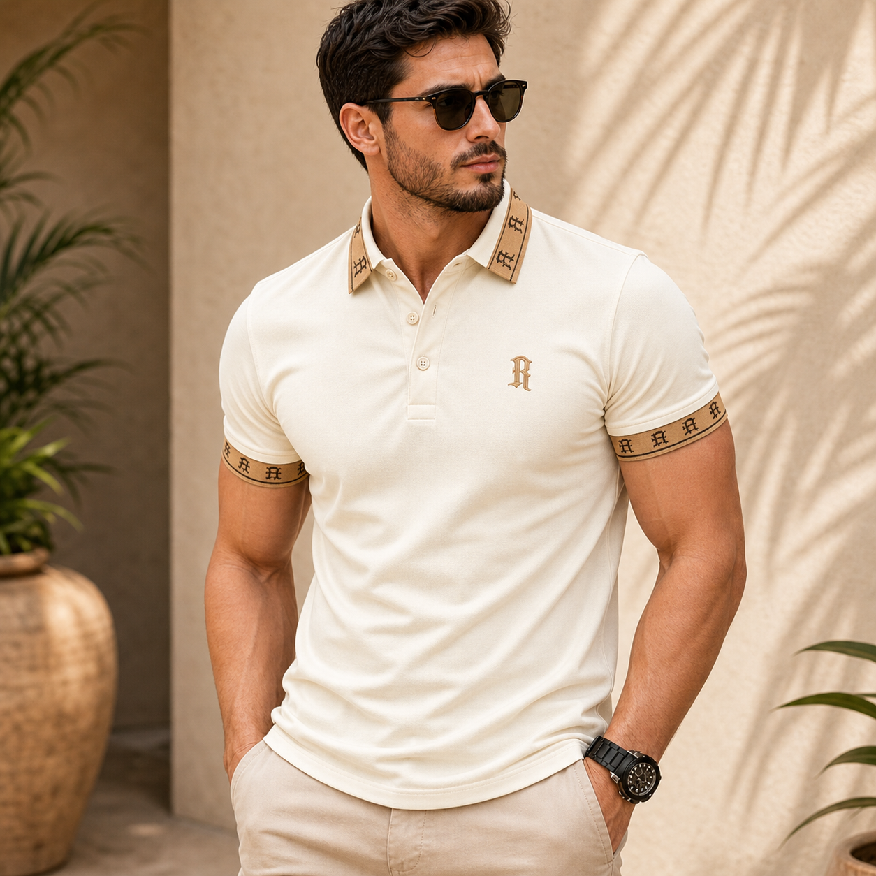 Cream - Men's Contrast Trim Monogram Short Sleeve Polo Shirt