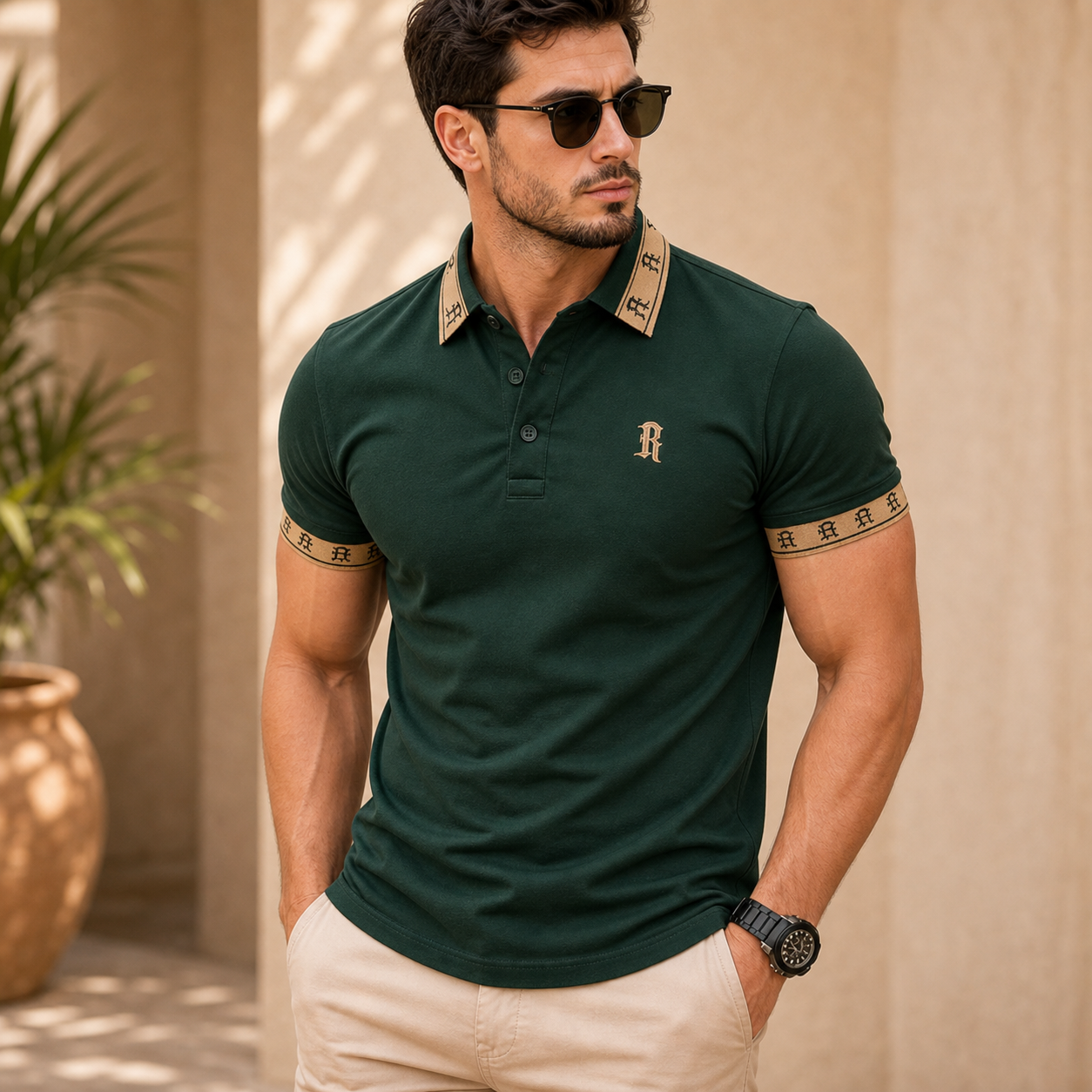 Forest Green - Men's Contrast Trim Monogram Short Sleeve Polo Shirt
