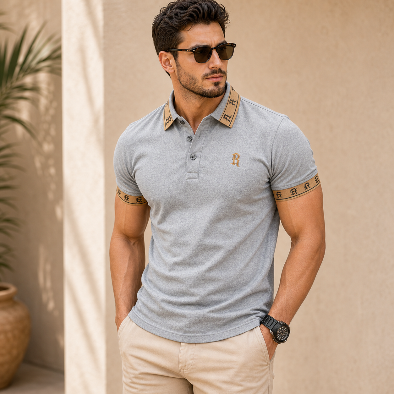 Heather Grey - Men's Contrast Trim Monogram Short Sleeve Polo Shirt