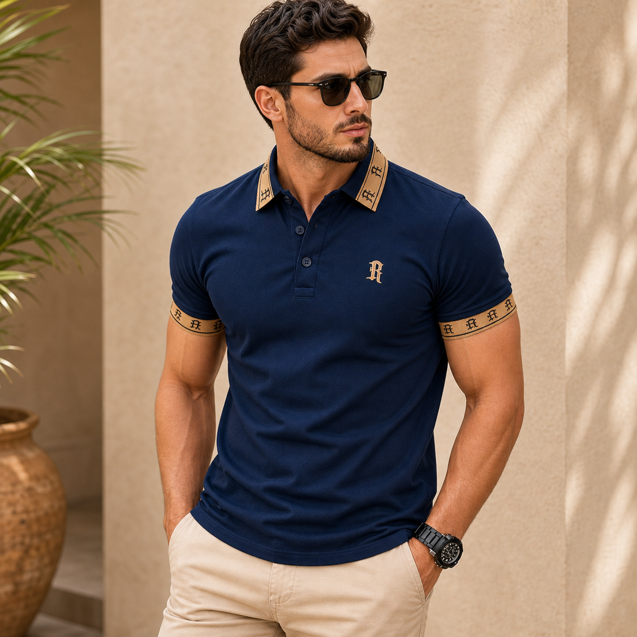 Navy - Men's Contrast Trim Monogram Short Sleeve Polo Shirt