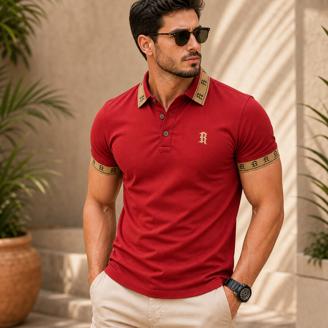 Red - Men's Contrast Trim Monogram Short Sleeve Polo Shirt