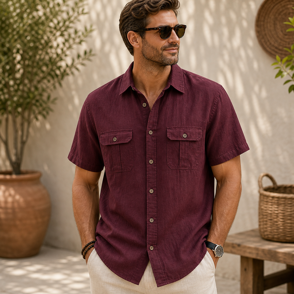 Men's Short Sleeve Linen-Blend Utility Shirt