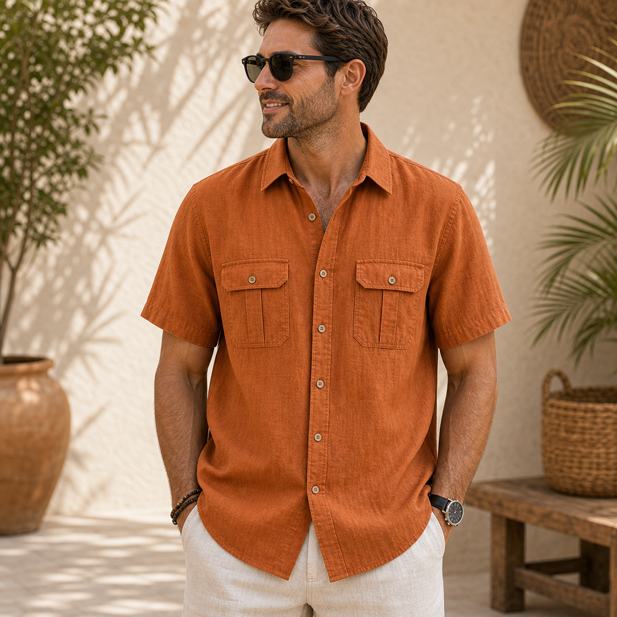 Men's Short Sleeve Linen-Blend Utility Shirt