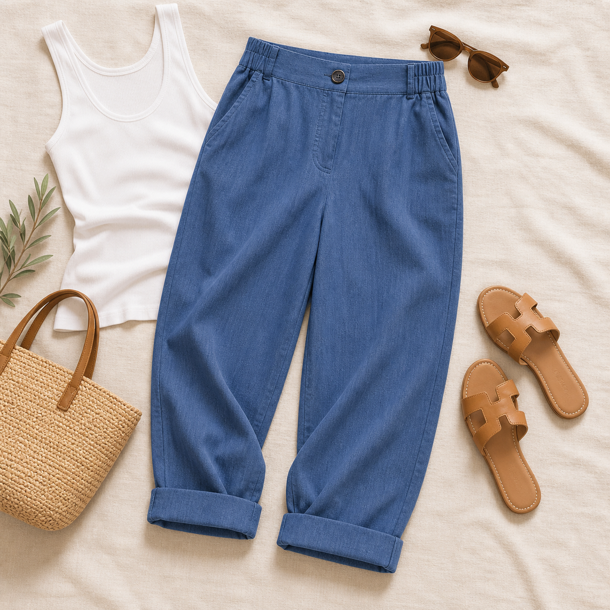 Women's Elastic Waist Cuffed Capri Pants