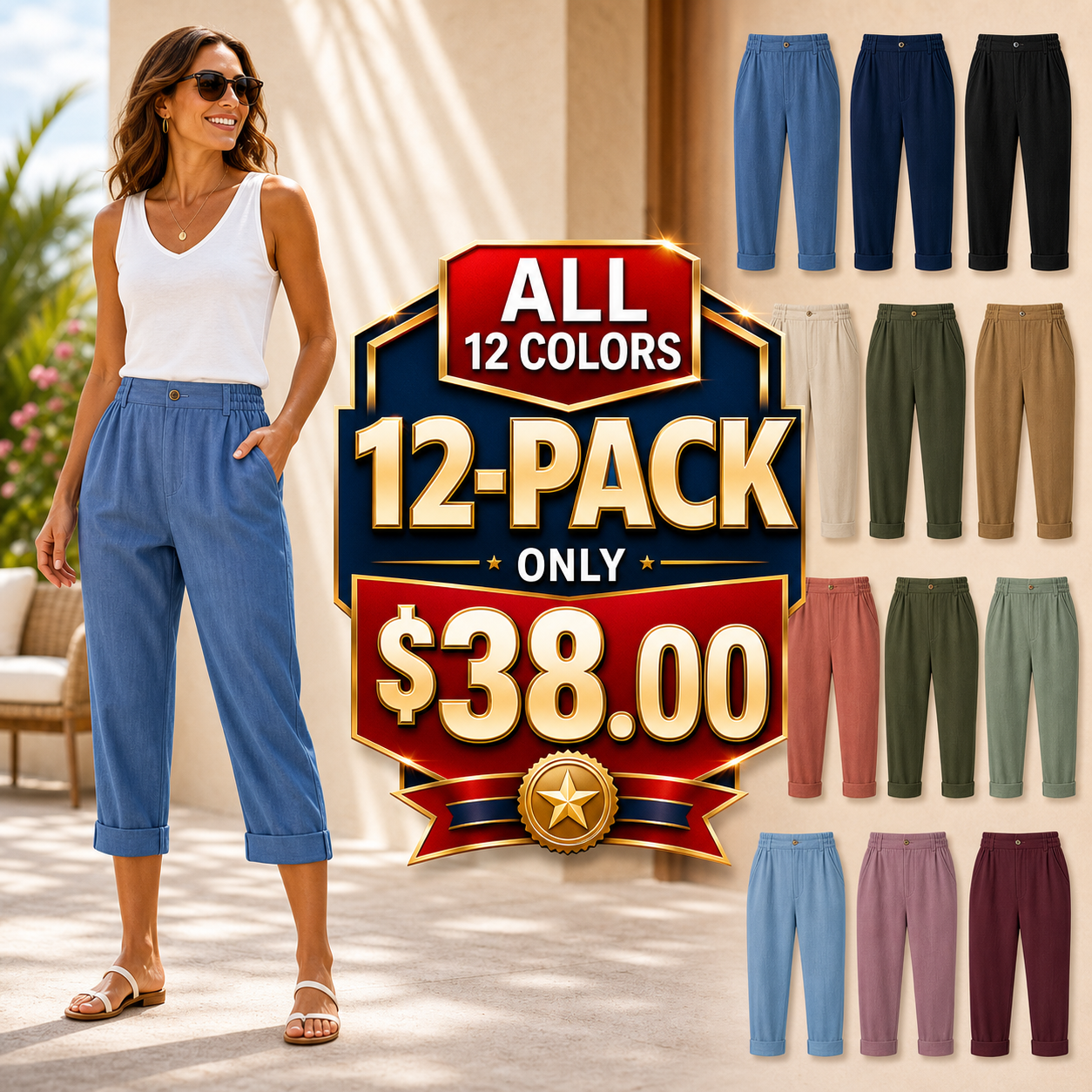 Women's Elastic Waist Cuffed Capri Pants