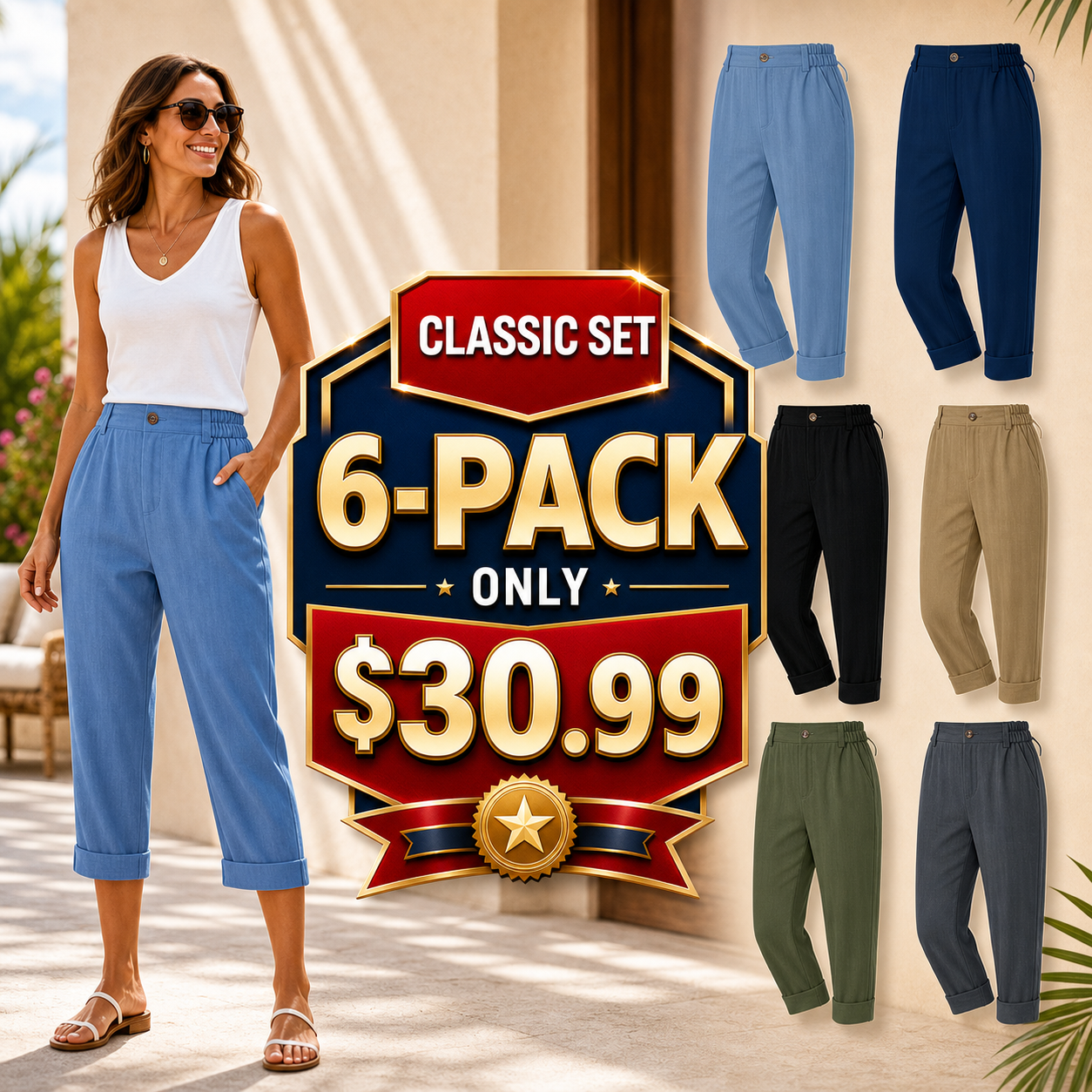 Women's Elastic Waist Cuffed Capri Pants