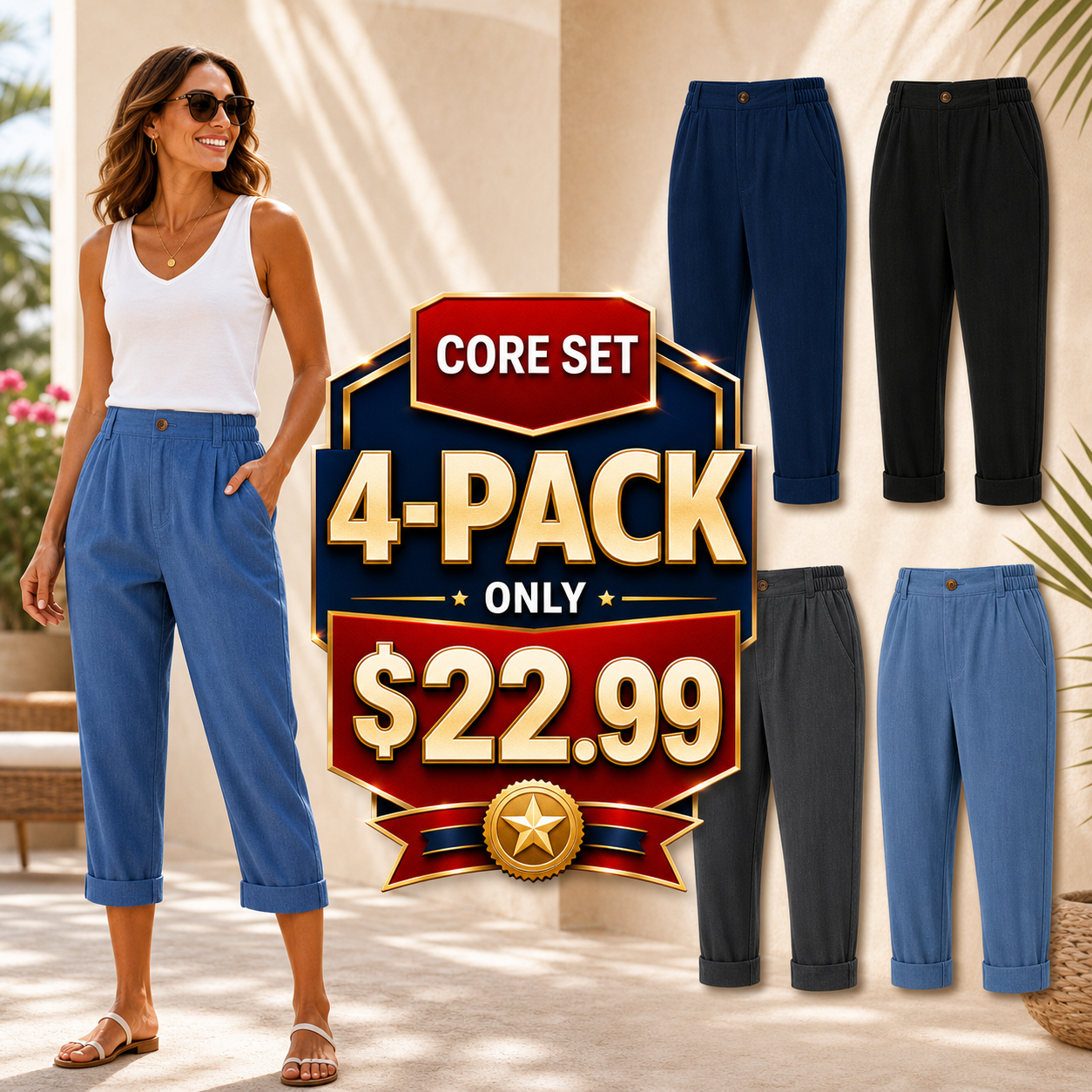 Women's Elastic Waist Cuffed Capri Pants