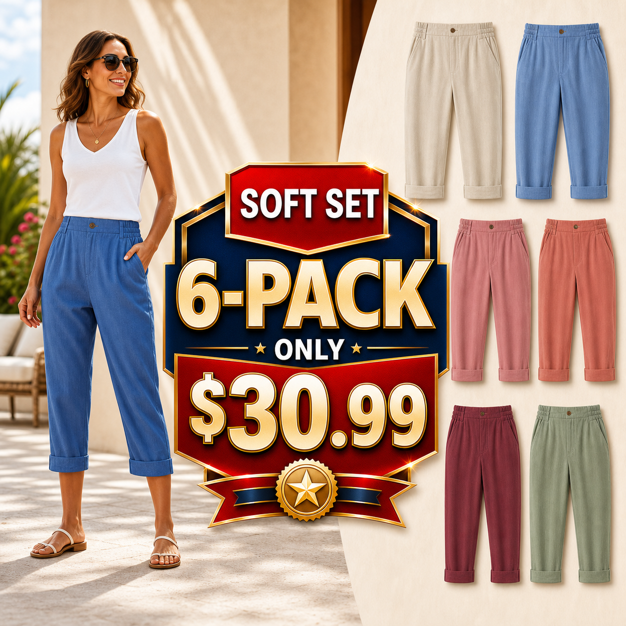 Women's Elastic Waist Cuffed Capri Pants