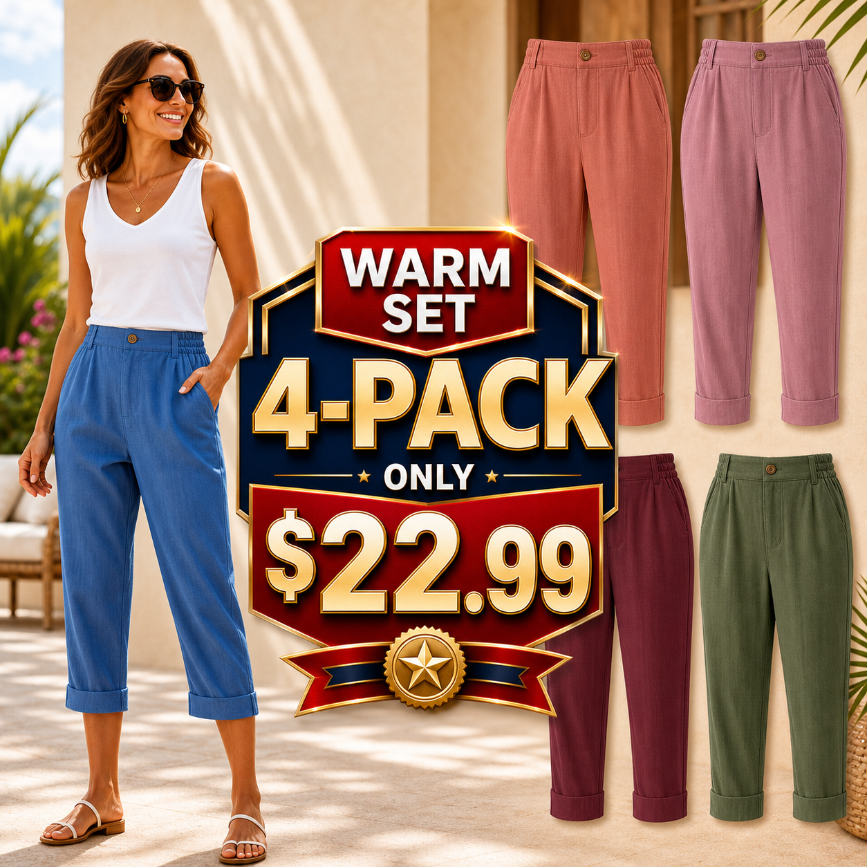 Women's Elastic Waist Cuffed Capri Pants