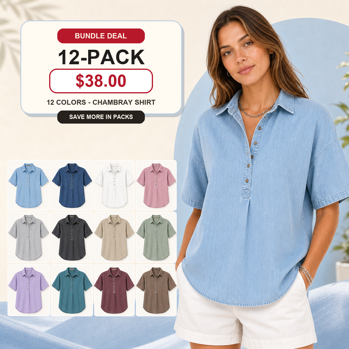 Women's Chambray Short Sleeve Henley Collar Shirt