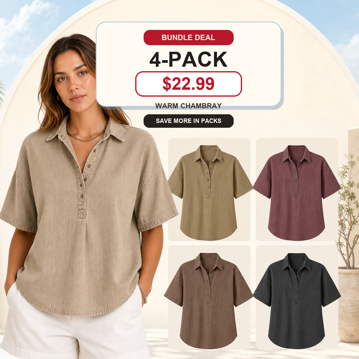 Women's Chambray Short Sleeve Henley Collar Shirt