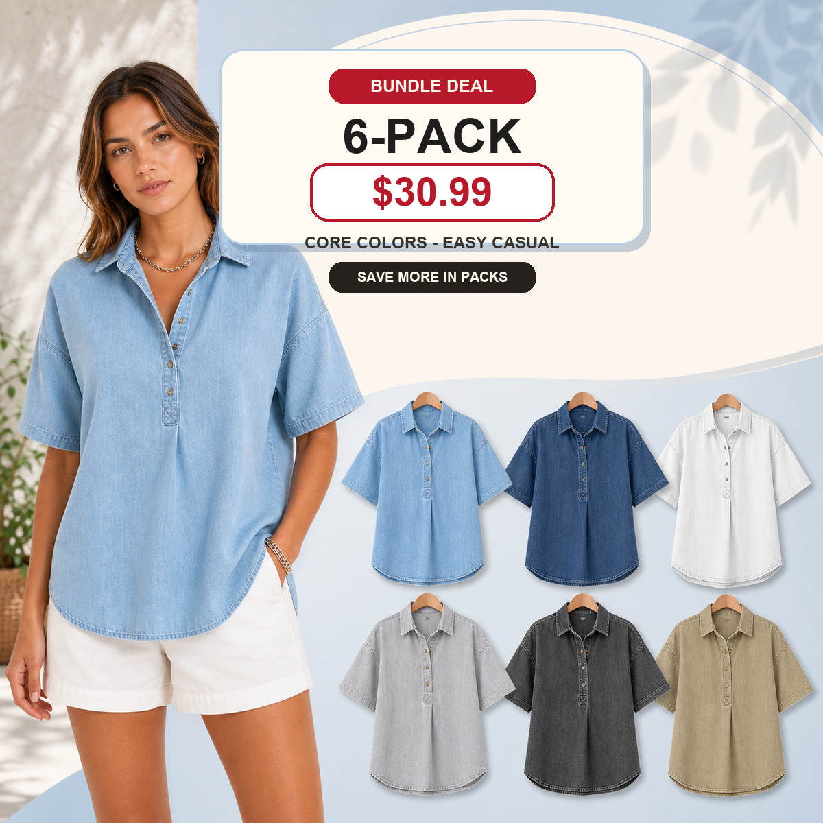 Women's Chambray Short Sleeve Henley Collar Shirt