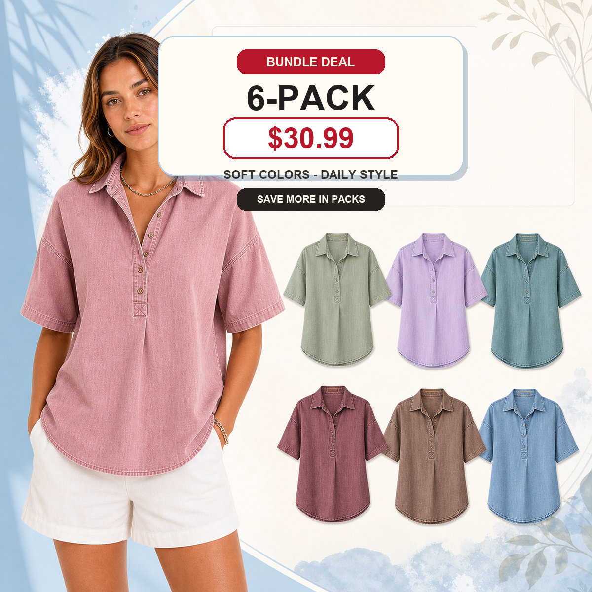 Women's Chambray Short Sleeve Henley Collar Shirt