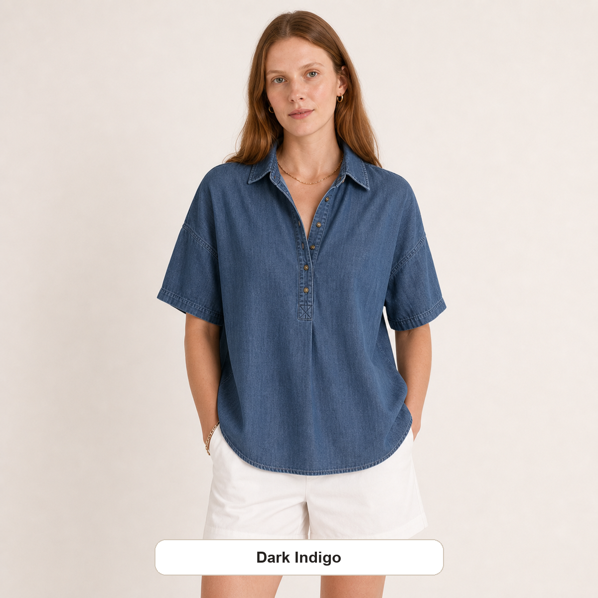 Women's Chambray Short Sleeve Henley Collar Shirt
