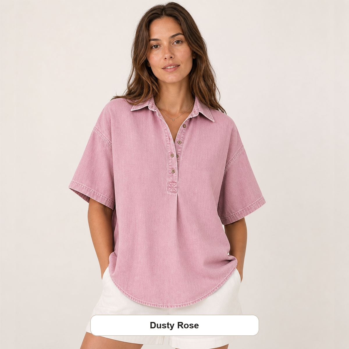 Women's Chambray Short Sleeve Henley Collar Shirt