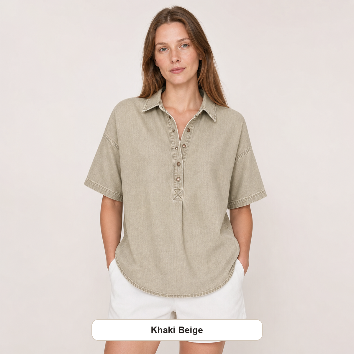 Women's Chambray Short Sleeve Henley Collar Shirt