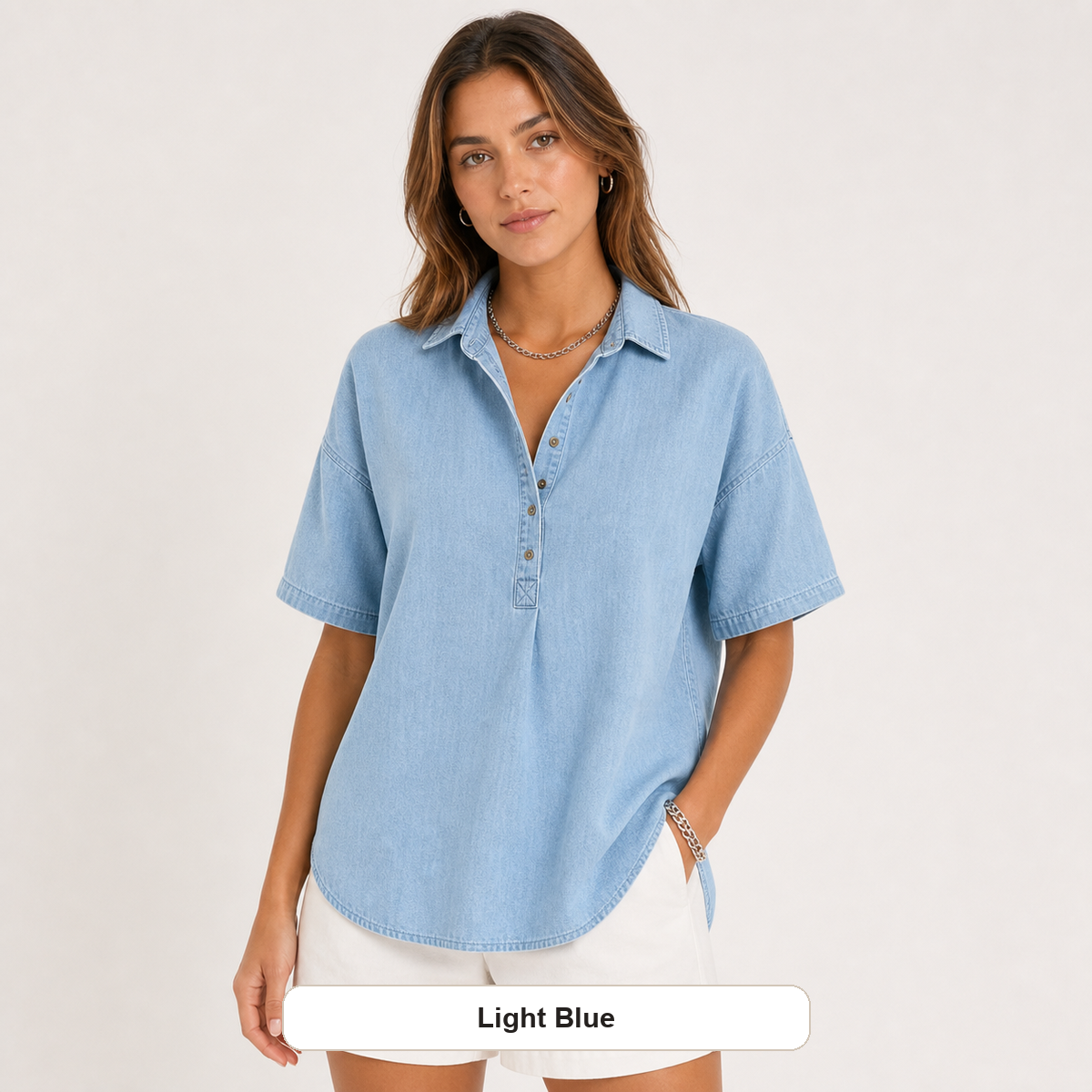 Women's Chambray Short Sleeve Henley Collar Shirt