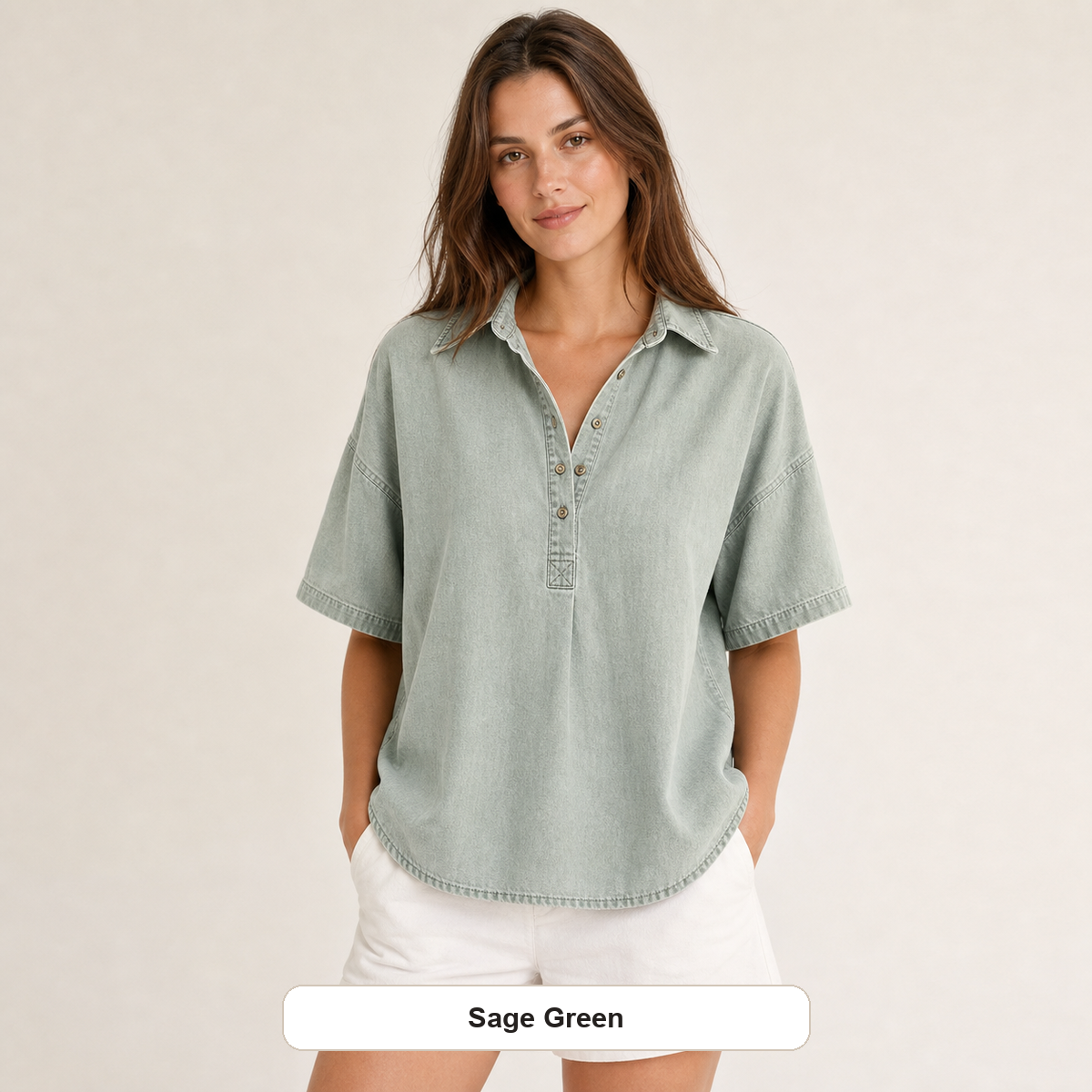 Women's Chambray Short Sleeve Henley Collar Shirt