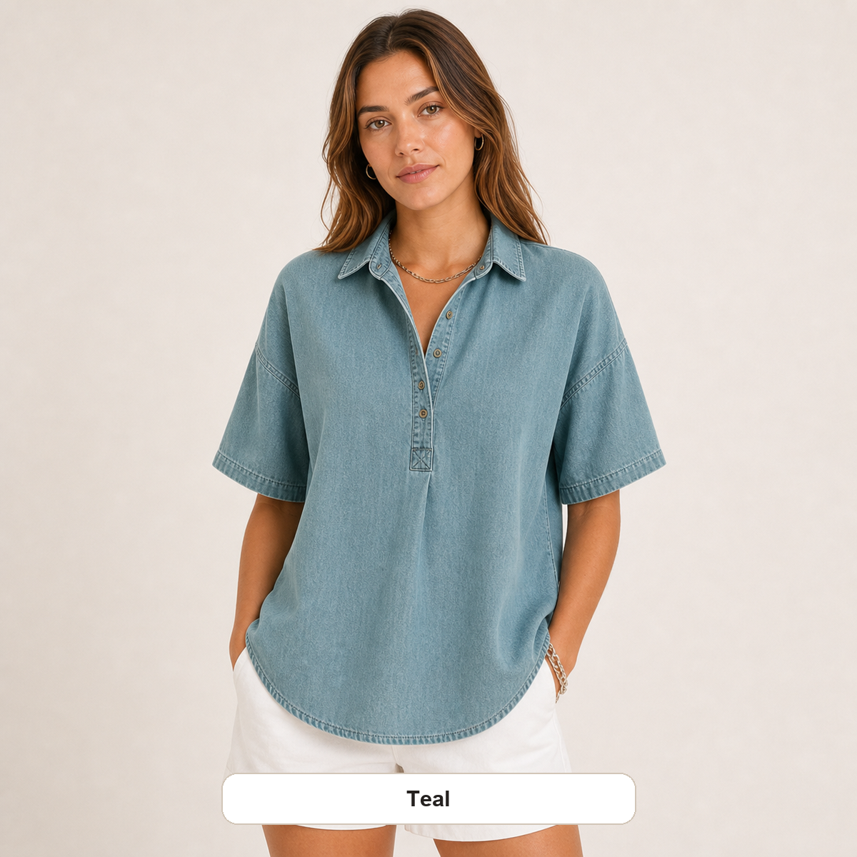 Women's Chambray Short Sleeve Henley Collar Shirt