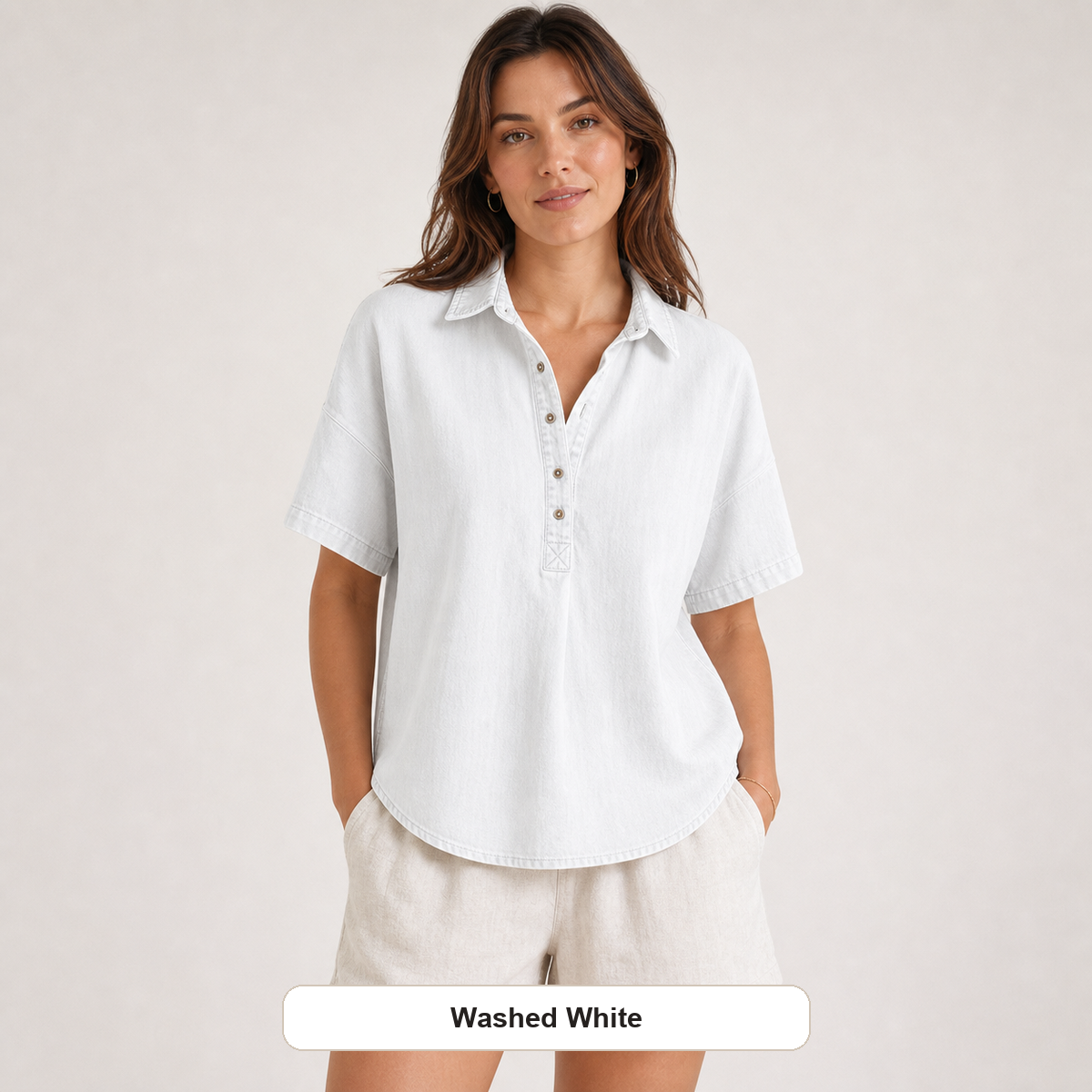 Women's Chambray Short Sleeve Henley Collar Shirt