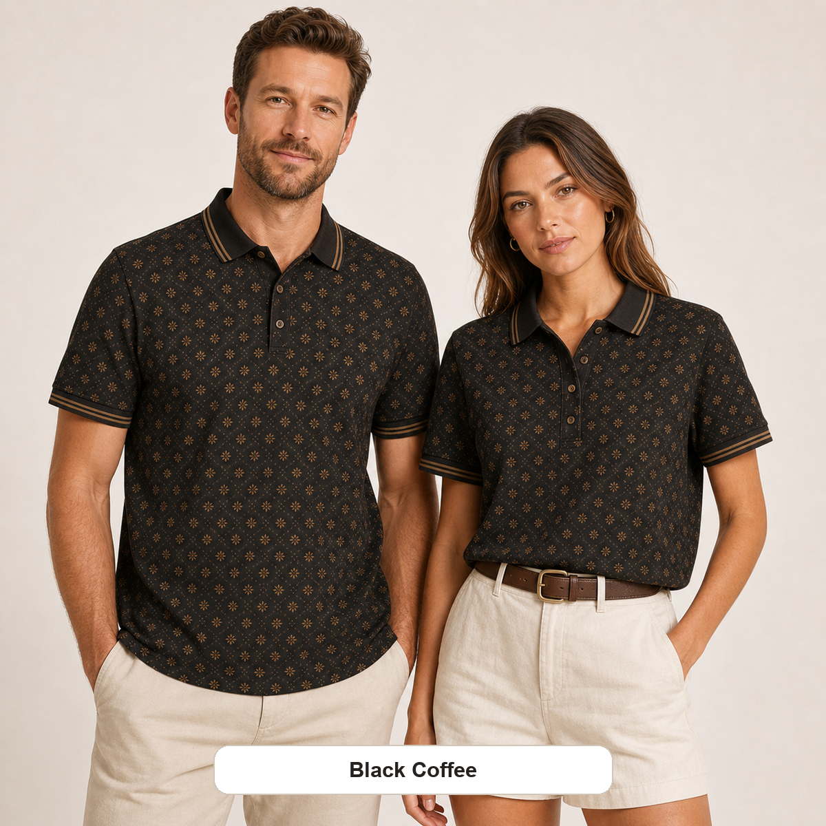Men's and Women's Abstract Floral Print Short Sleeve Polo Shirt