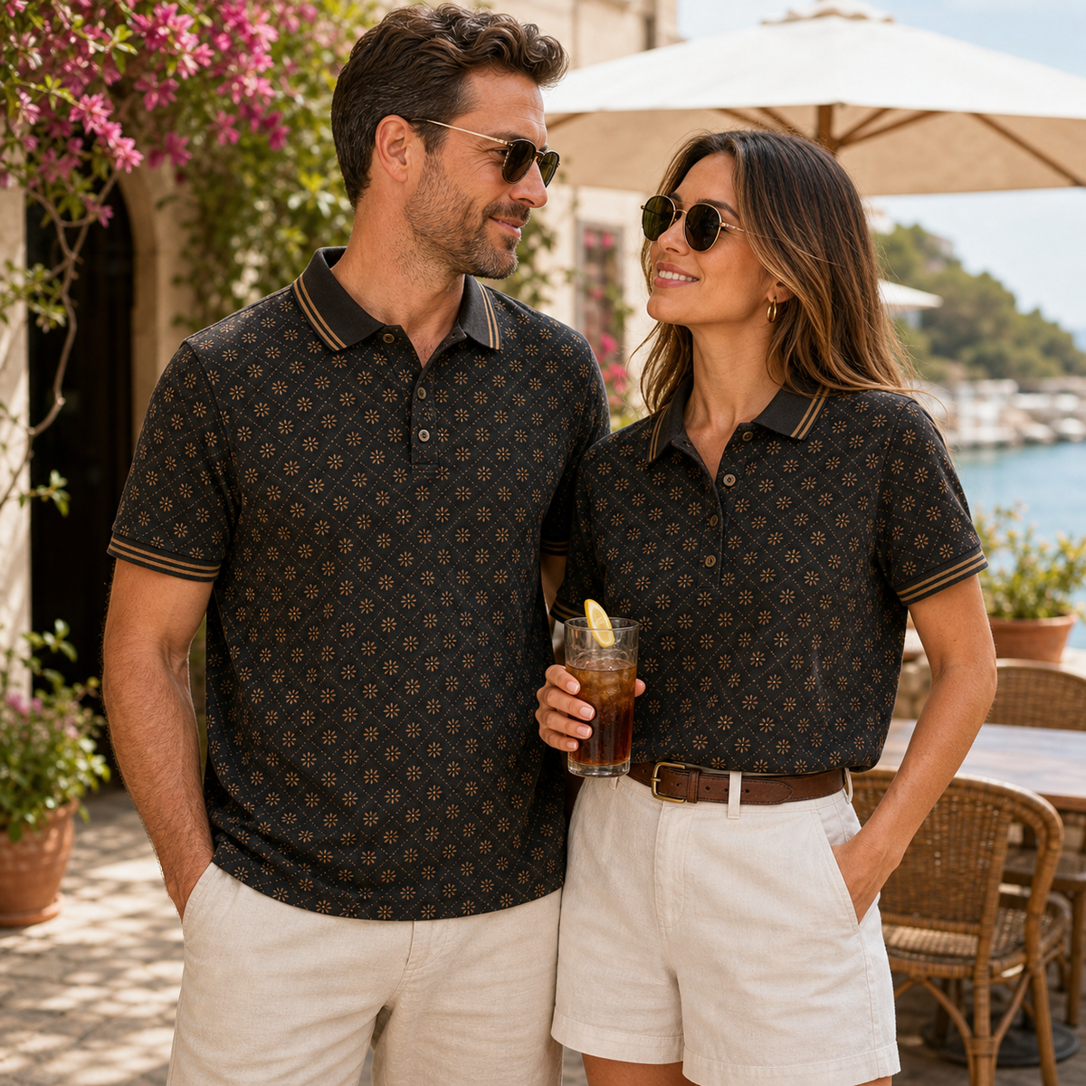 Men's and Women's Abstract Floral Print Short Sleeve Polo Shirt