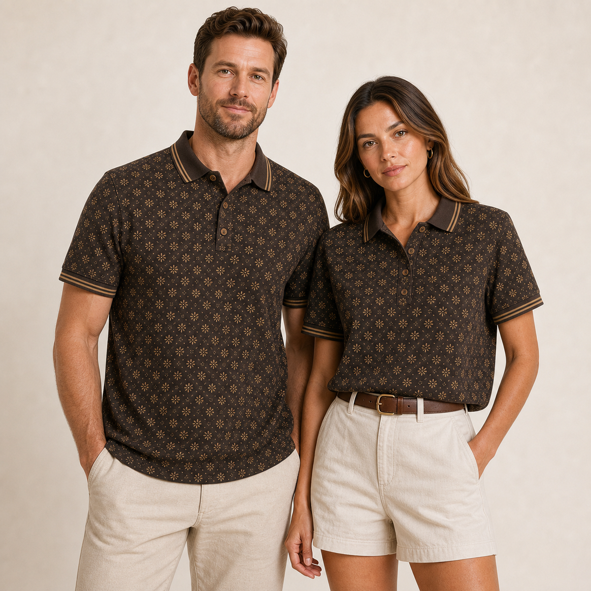 Men's and Women's Abstract Floral Print Short Sleeve Polo Shirt