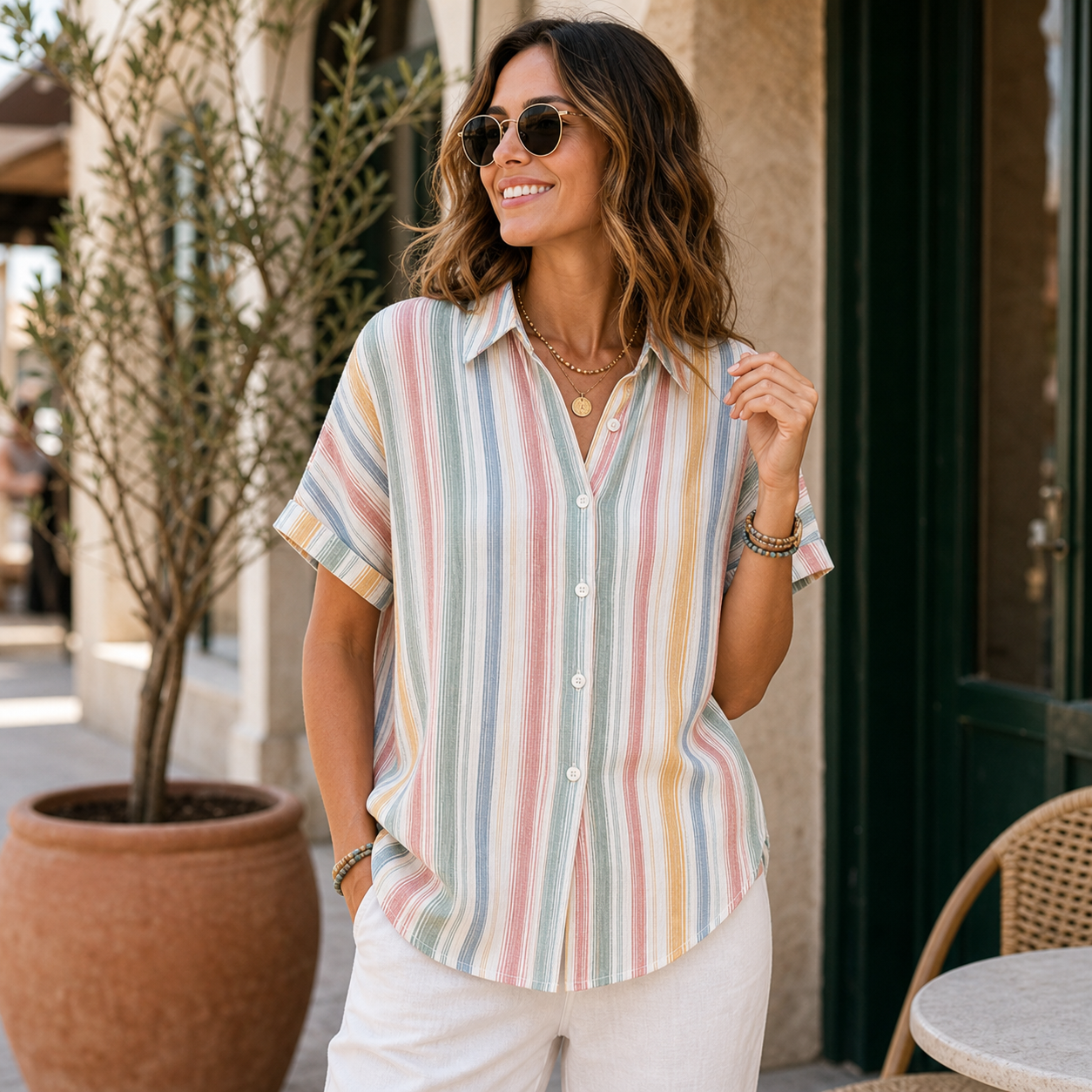 Women's Striped Short Sleeve Button-Up Shirt