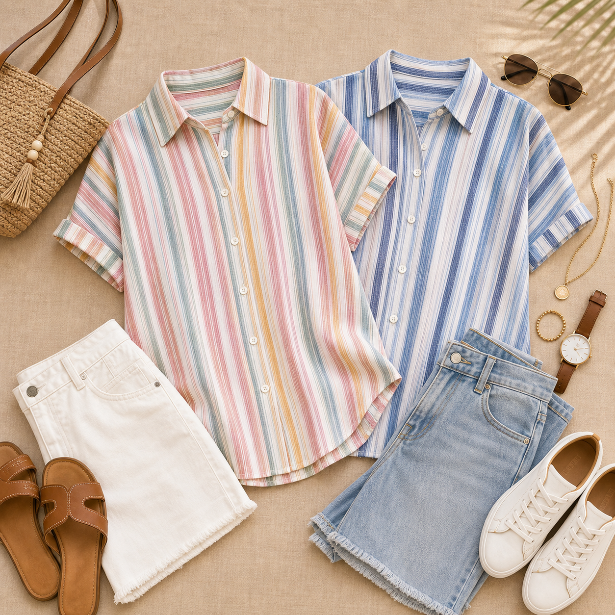 Women's Striped Short Sleeve Button-Up Shirt