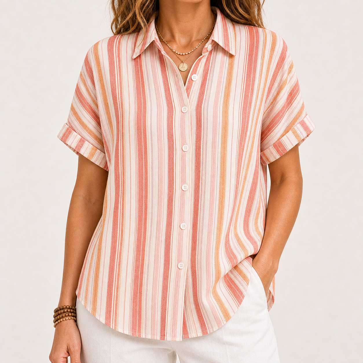Women's Striped Short Sleeve Button-Up Shirt