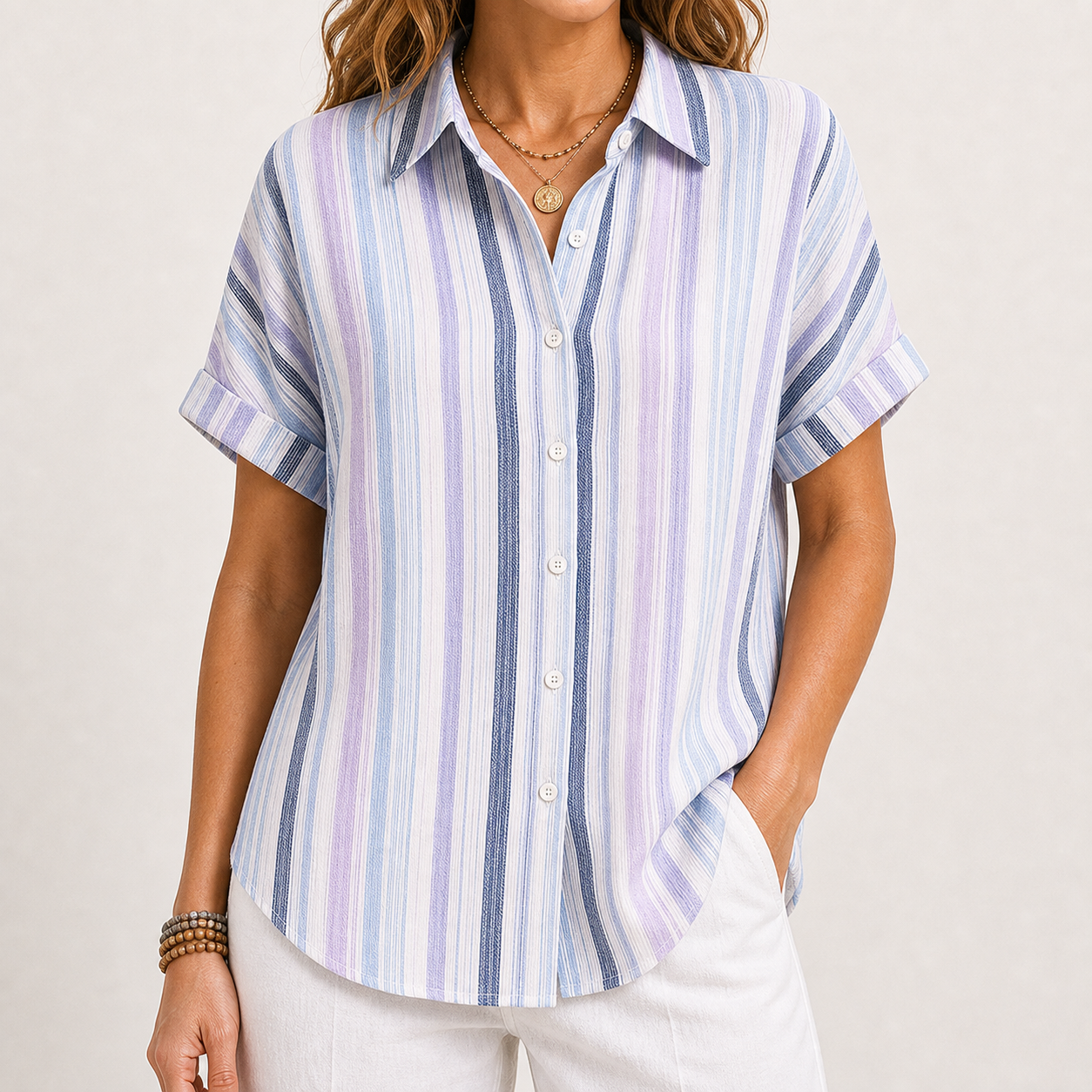 Women's Striped Short Sleeve Button-Up Shirt