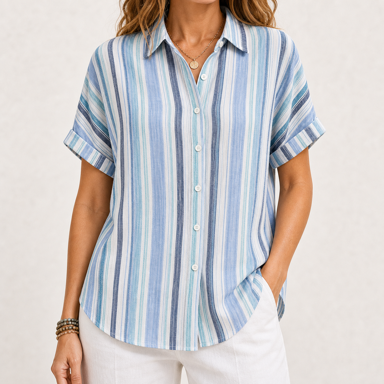 Women's Striped Short Sleeve Button-Up Shirt