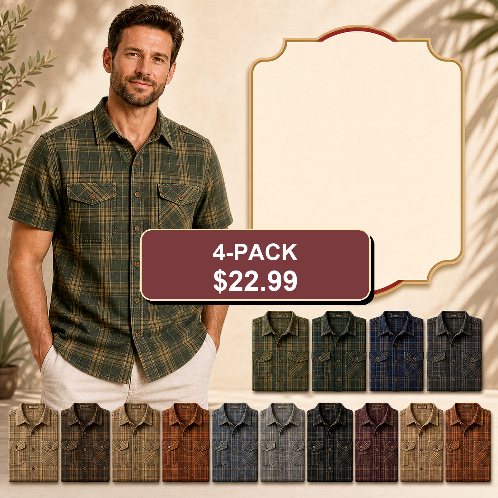 Men's Plaid Short Sleeve Utility Button-Up Shirt