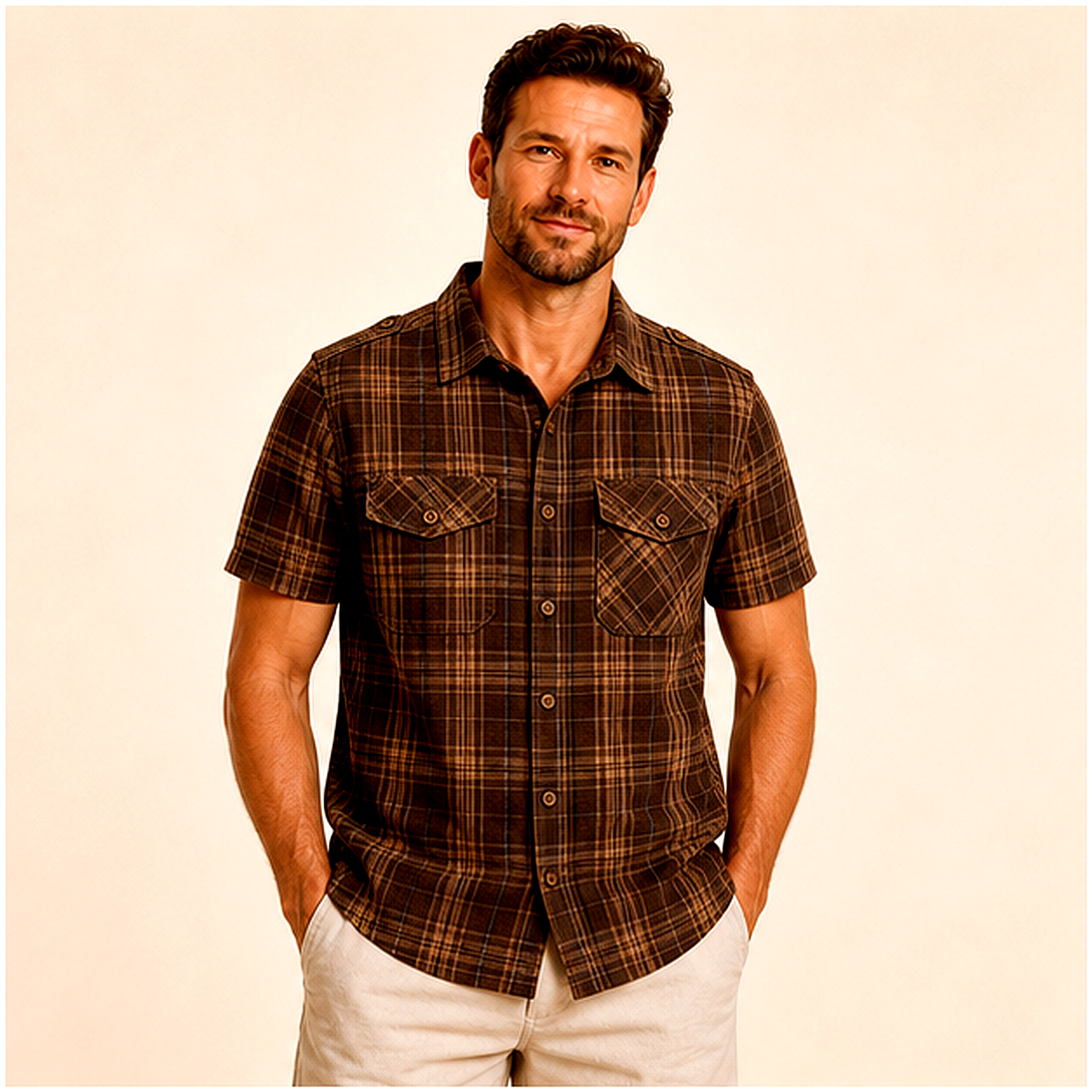 Men's Plaid Short Sleeve Utility Button-Up Shirt