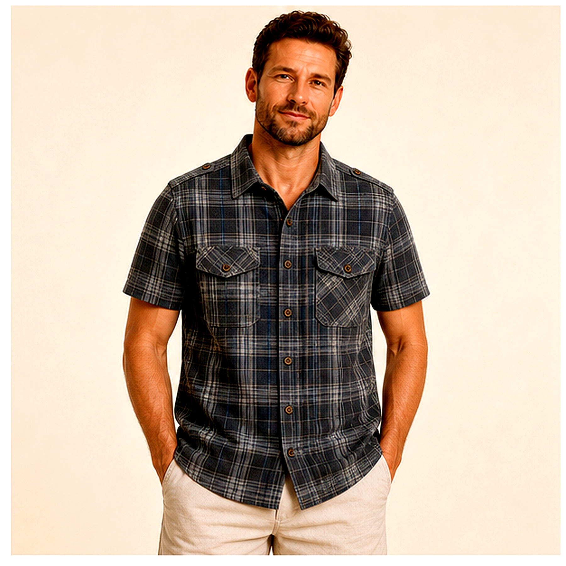 Men's Plaid Short Sleeve Utility Button-Up Shirt