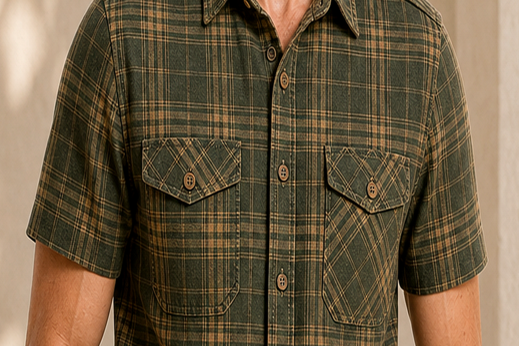 Men's Plaid Short Sleeve Utility Button-Up Shirt