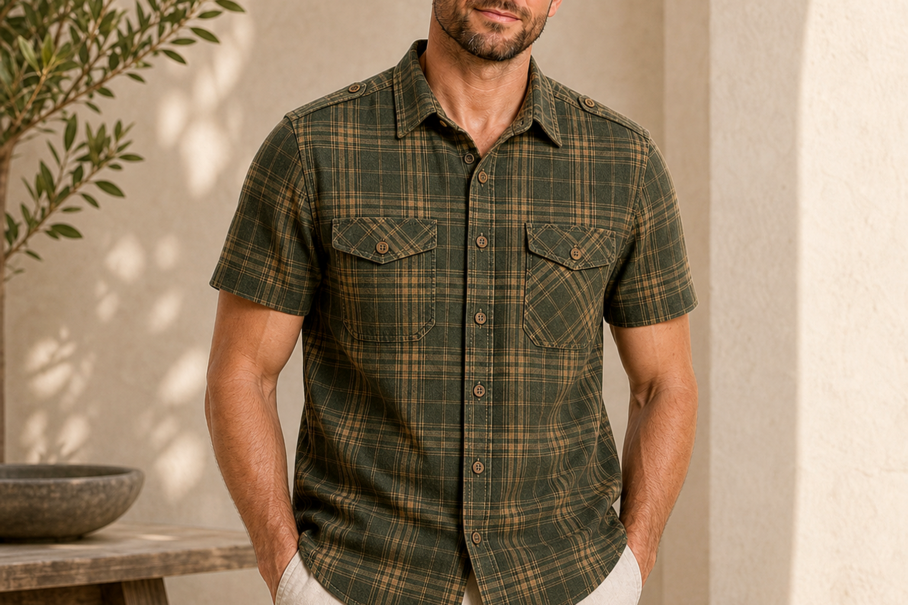Men's Plaid Short Sleeve Utility Button-Up Shirt
