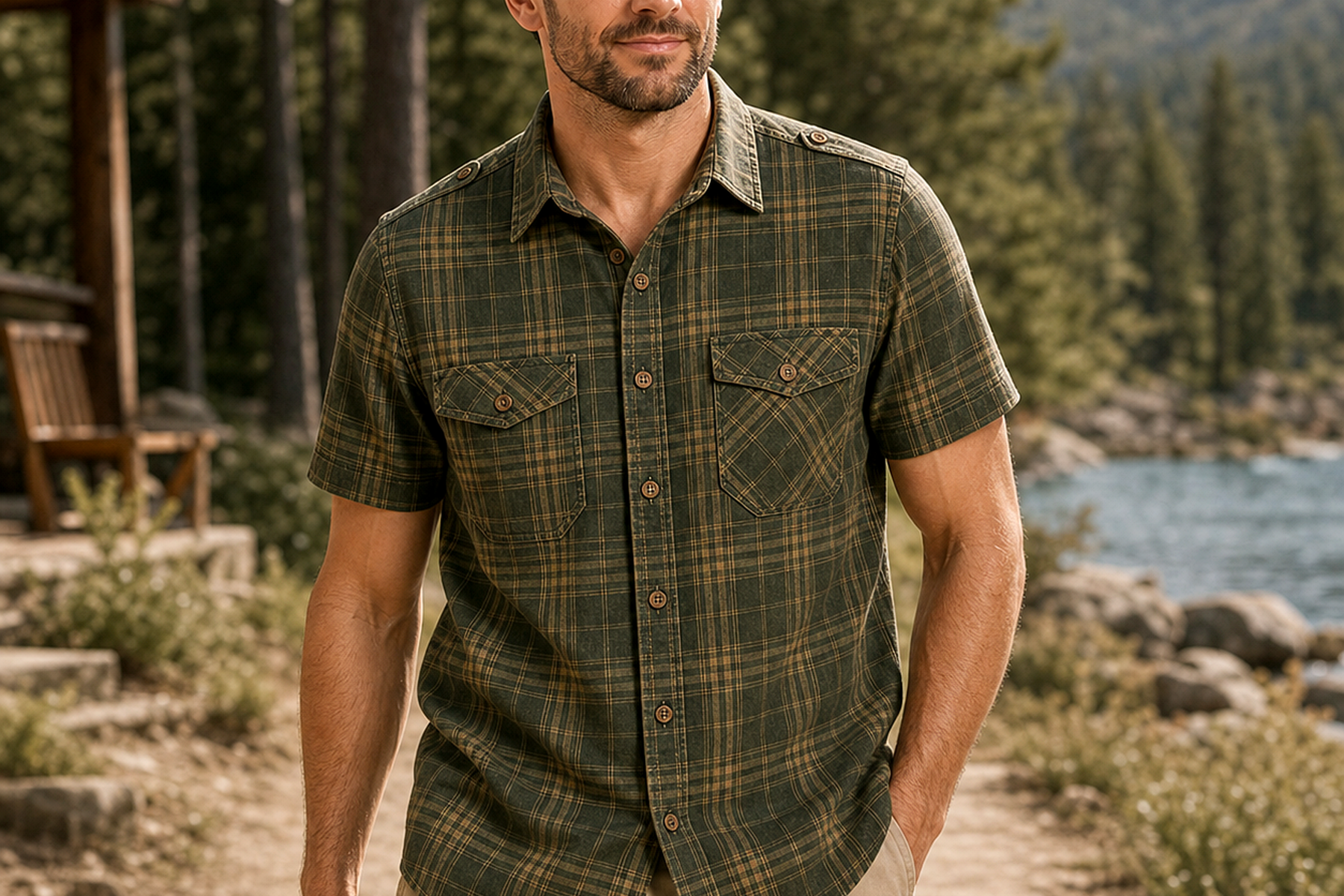 Men's Plaid Short Sleeve Utility Button-Up Shirt