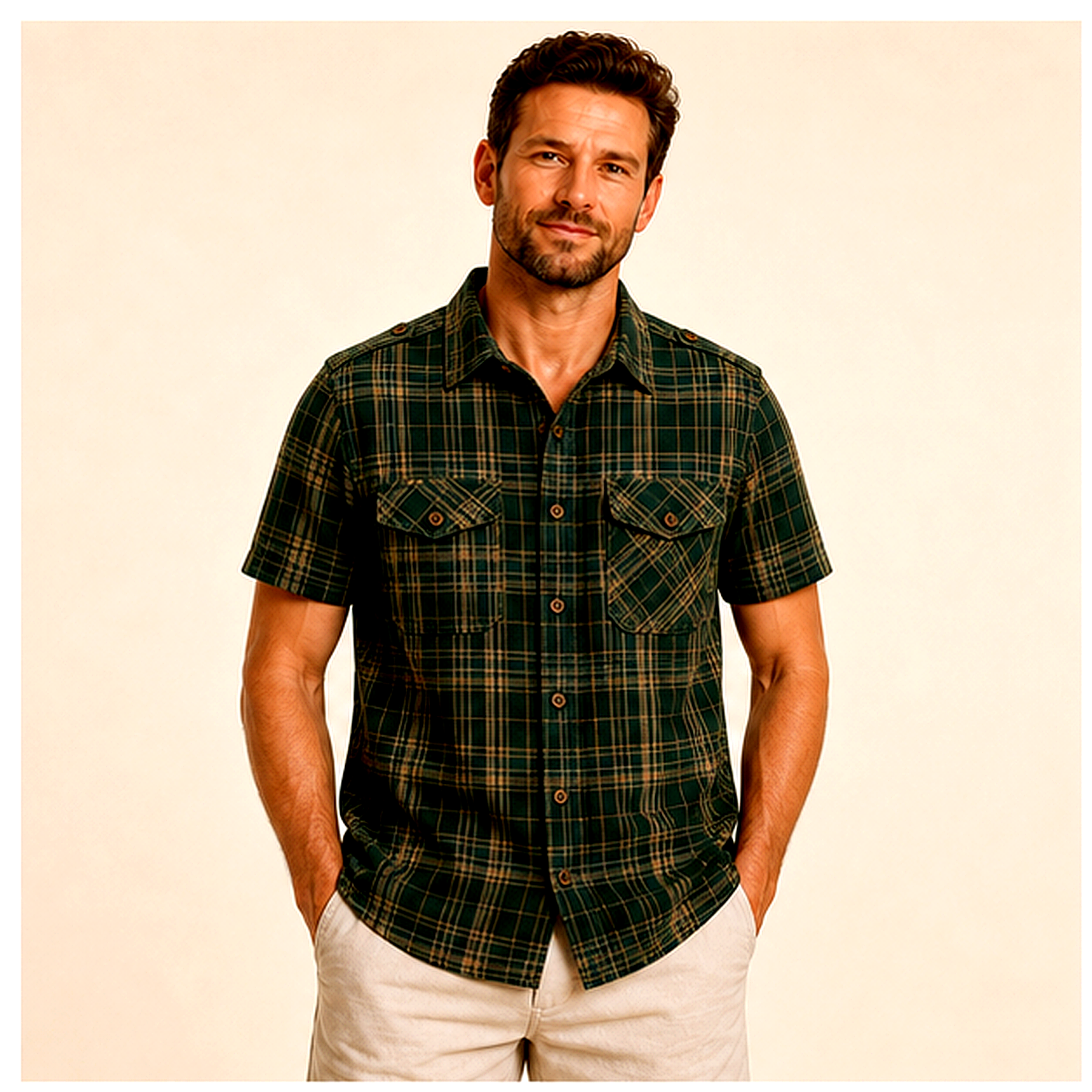 Men's Plaid Short Sleeve Utility Button-Up Shirt