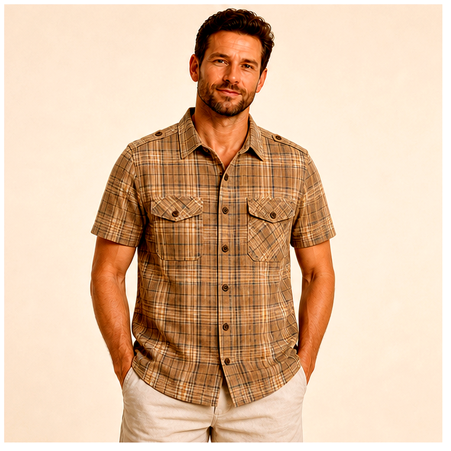 Men's Plaid Short Sleeve Utility Button-Up Shirt