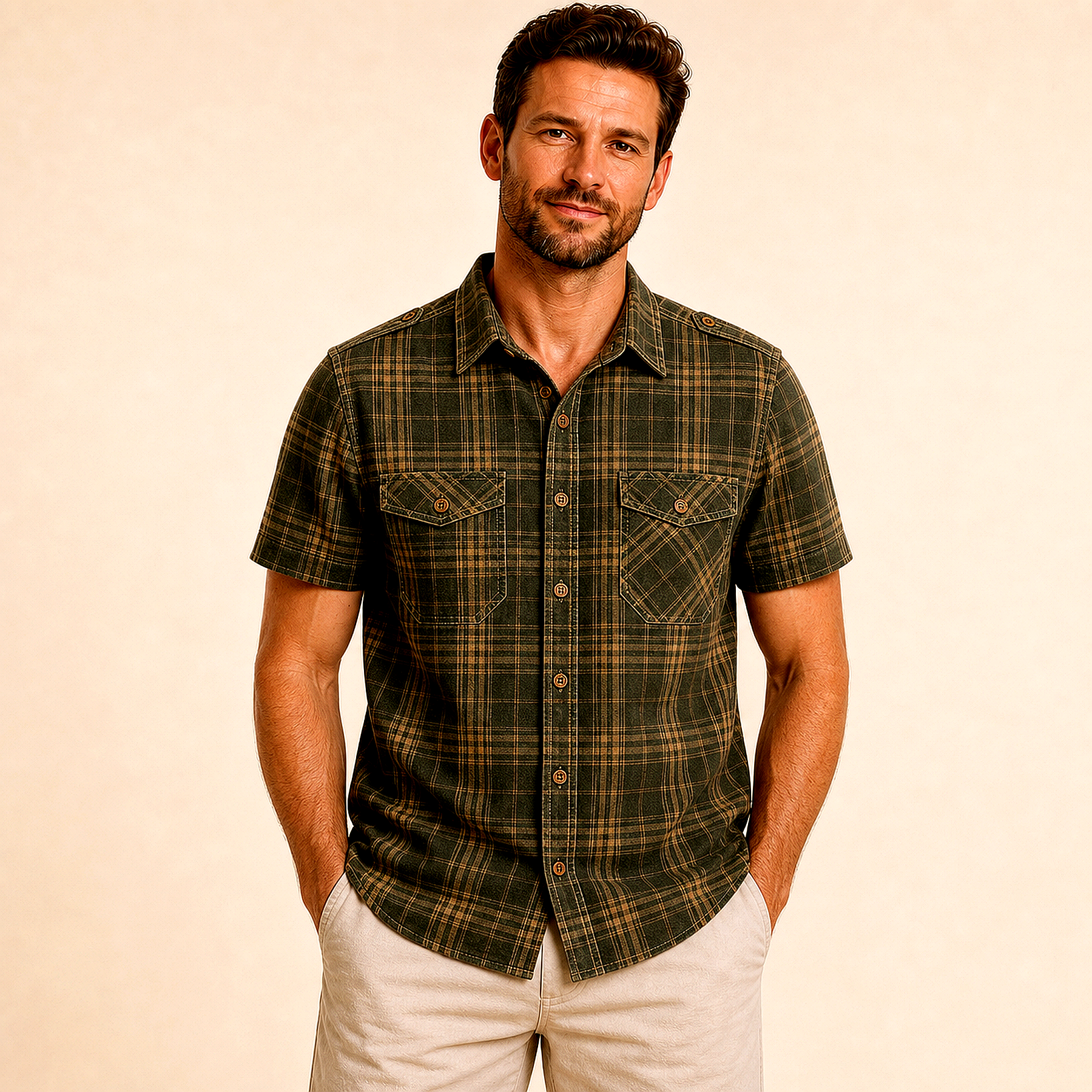 Men's Plaid Short Sleeve Utility Button-Up Shirt