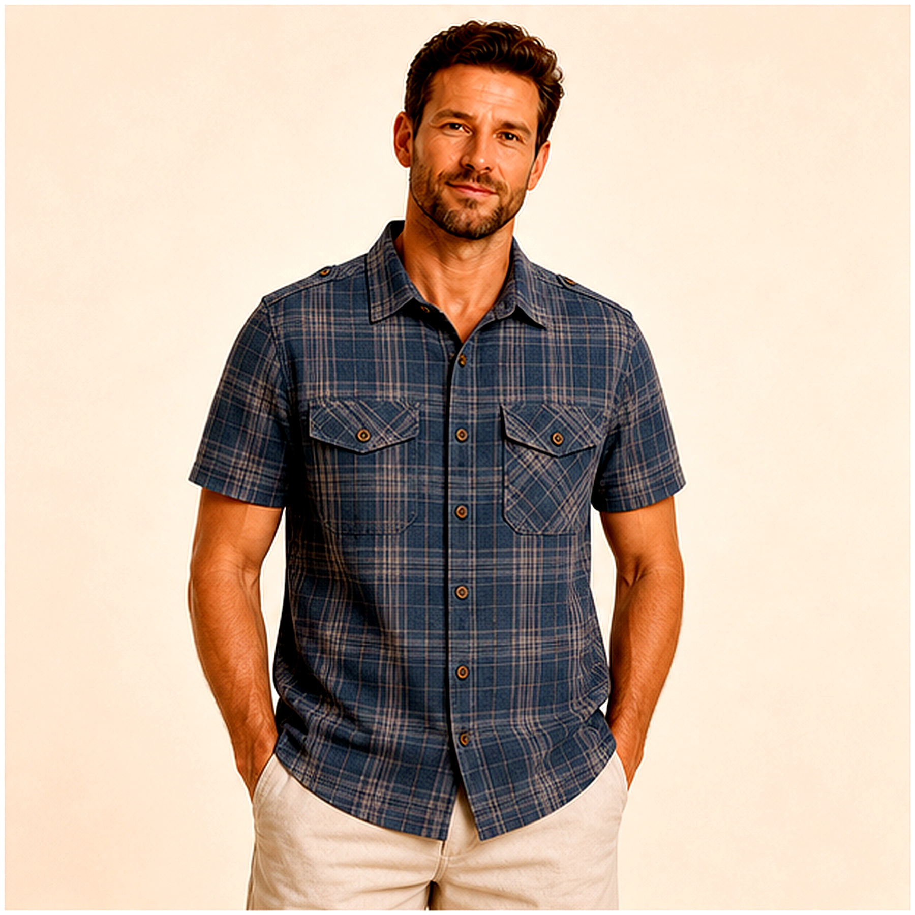 Men's Plaid Short Sleeve Utility Button-Up Shirt