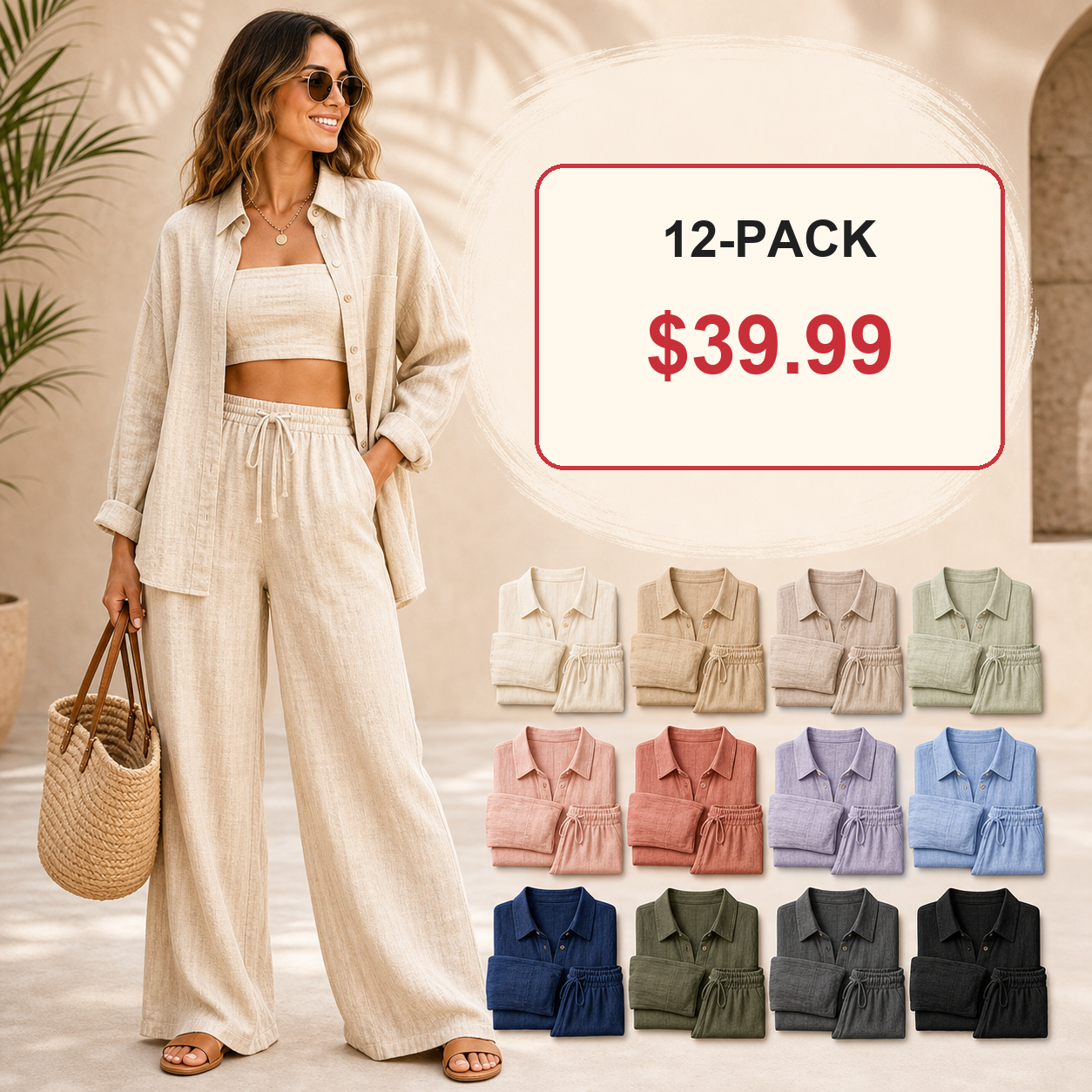 Women's Linen-Blend Three-Piece Shirt Crop Top and Wide-Leg Pants Set