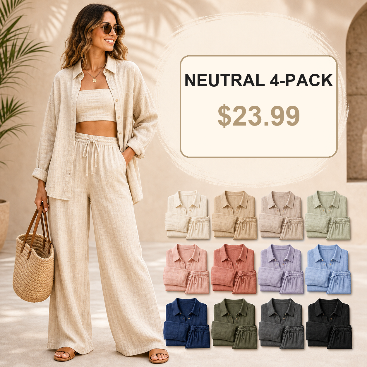 Women's Linen-Blend Three-Piece Shirt Crop Top and Wide-Leg Pants Set