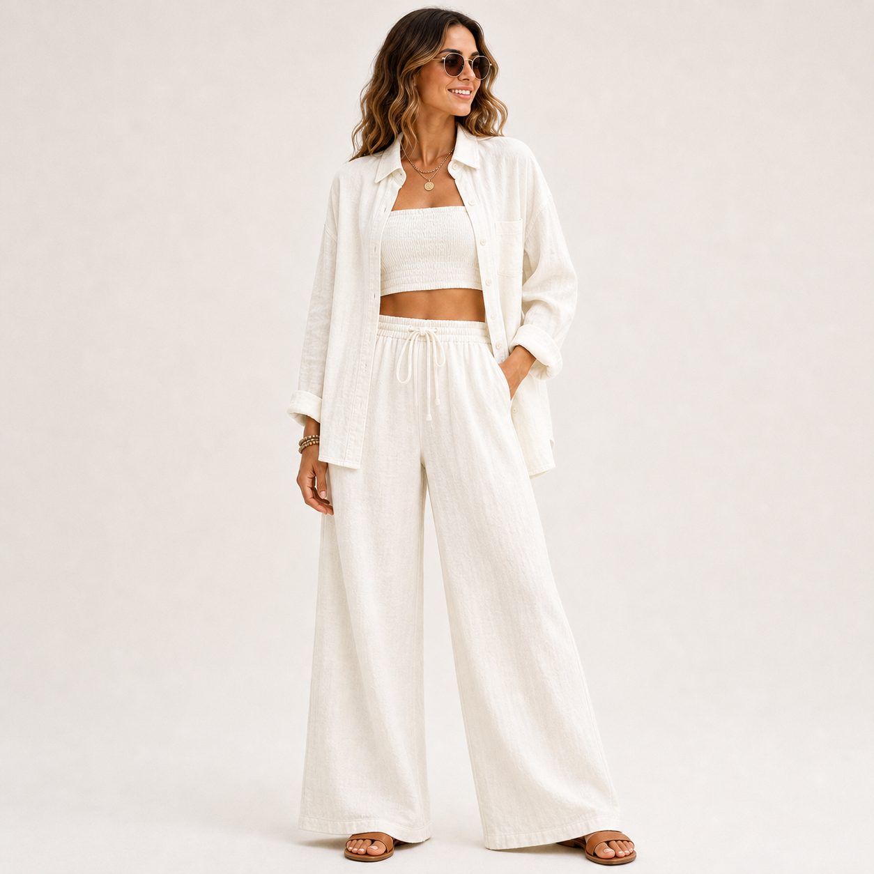 Women's Linen-Blend Three-Piece Shirt Crop Top and Wide-Leg Pants Set