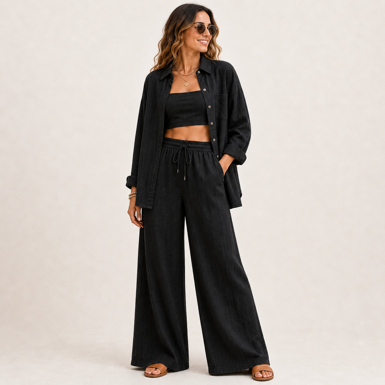 Women's Linen-Blend Three-Piece Shirt Crop Top and Wide-Leg Pants Set